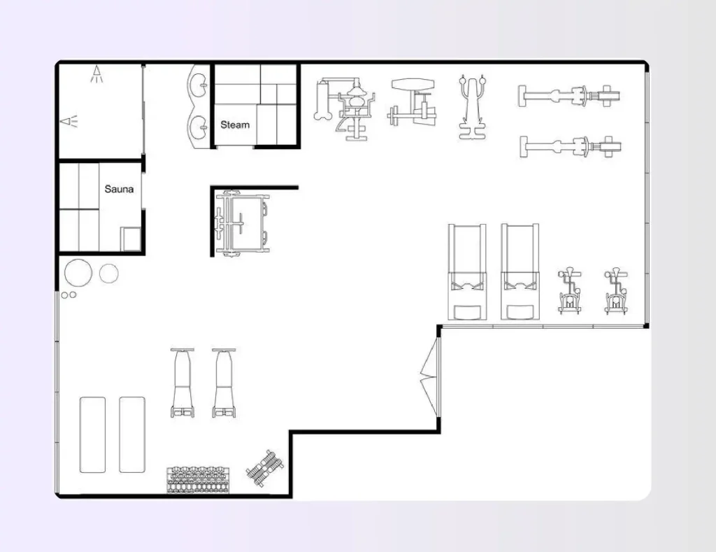 Dedicated home gym floor plan with training zone and sauna and cold plunge area