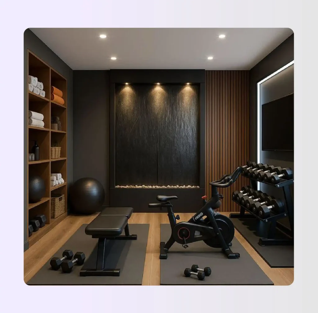 Garage gym floor plan with multi-zone layout and open cardio area