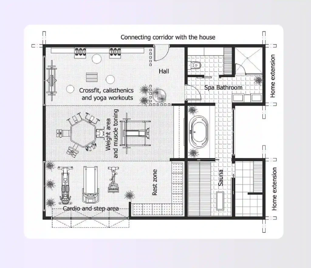 Purpose-built gym addition floor plan connected to the main house structure