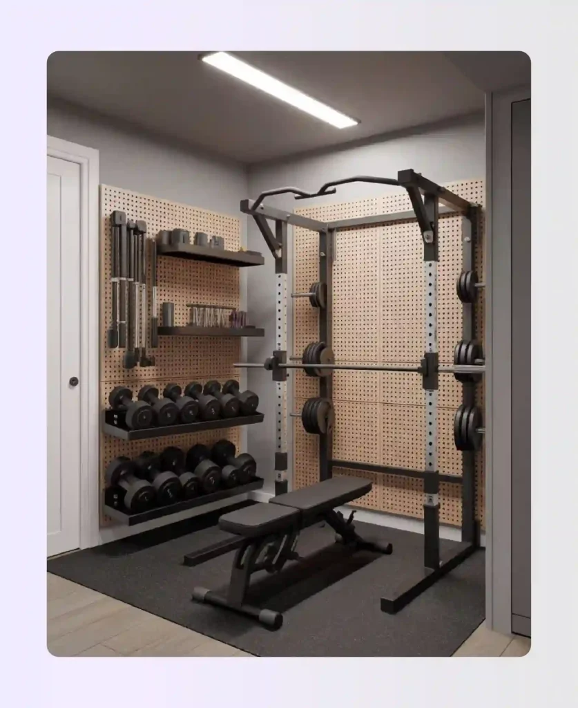 Spare bedroom converted to strength training studio with squat rack and free weights Spare bedroom converted to strength training studio with squat rack and free weights