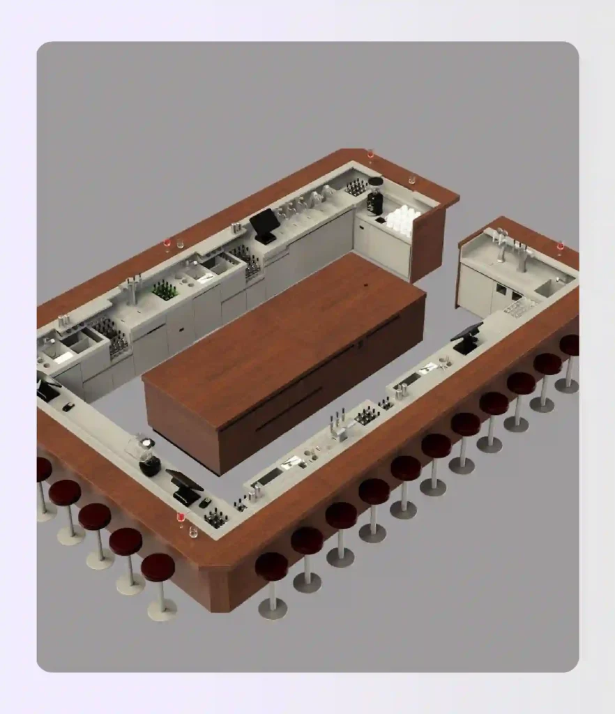U-shaped bar floor plan with three counter runs enclosing a central bartender zone U-shaped bar floor plan with three counter runs enclosing a central bartender zone