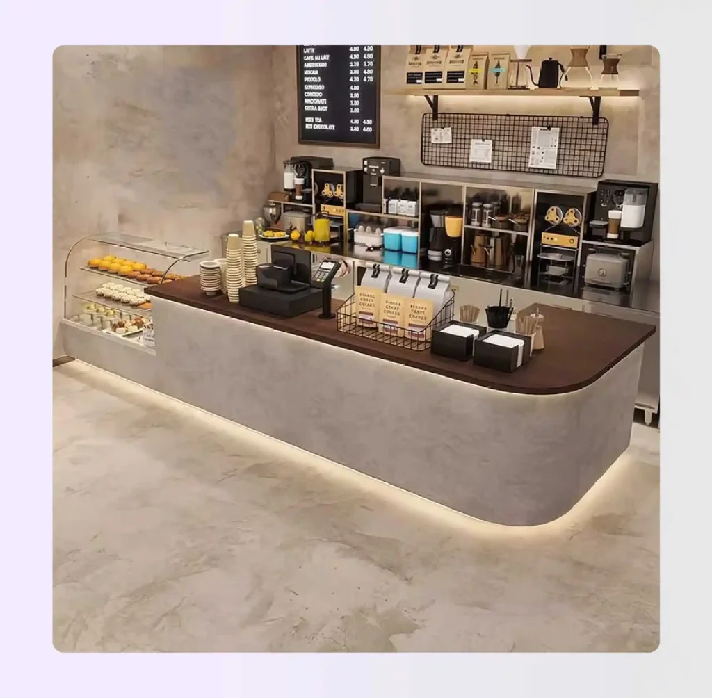 L-shaped coffee shop floor plan with counter on two perpendicular walls