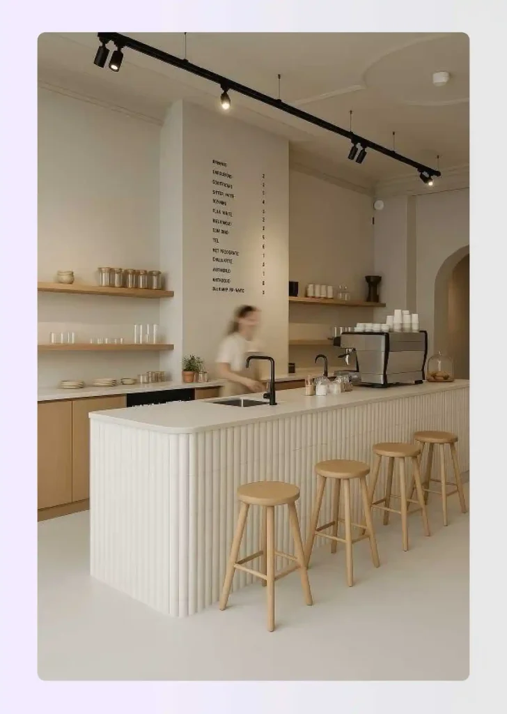 Island counter cafe layout with freestanding bar