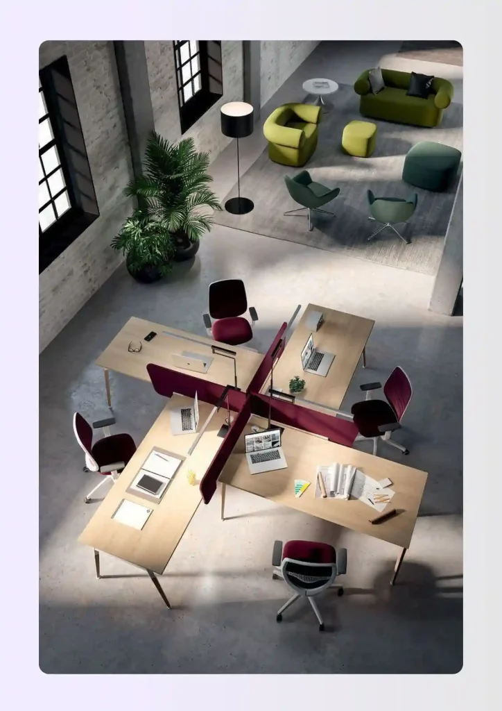 Co-working office floor plan with shared desks, private suites, and lounge area zones