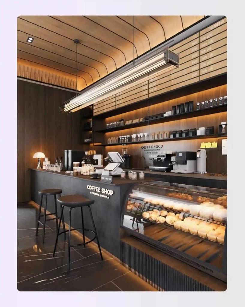 Linear coffee shop floor plan with counter along one wall Linear coffee shop floor plan with counter along one wall