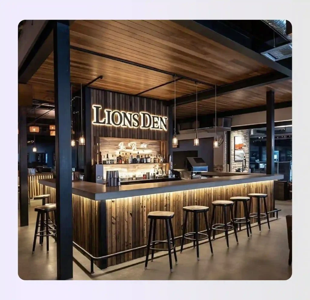 L-shaped bar floor plan with two perpendicular bar counter runs meeting at a corner