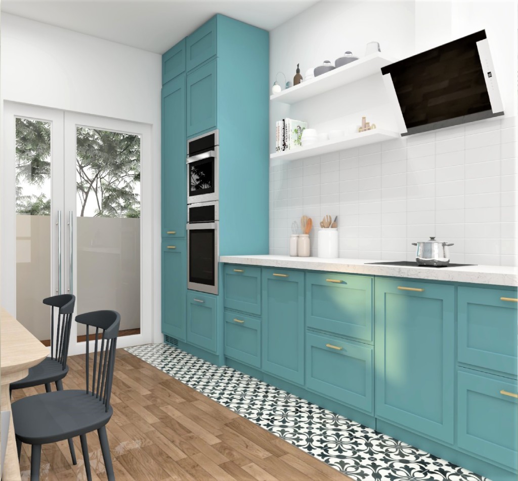 Turquoise and White Kitchen Design   Foyr