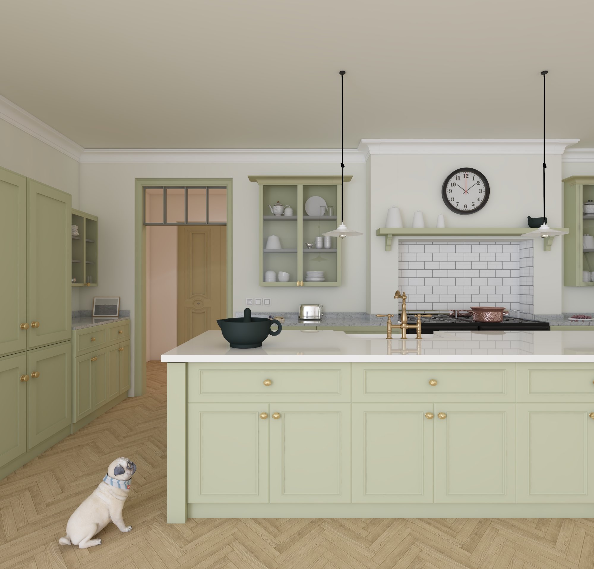 New Design Pistachio Color Kitchen With Kitchen Island Stock Photo