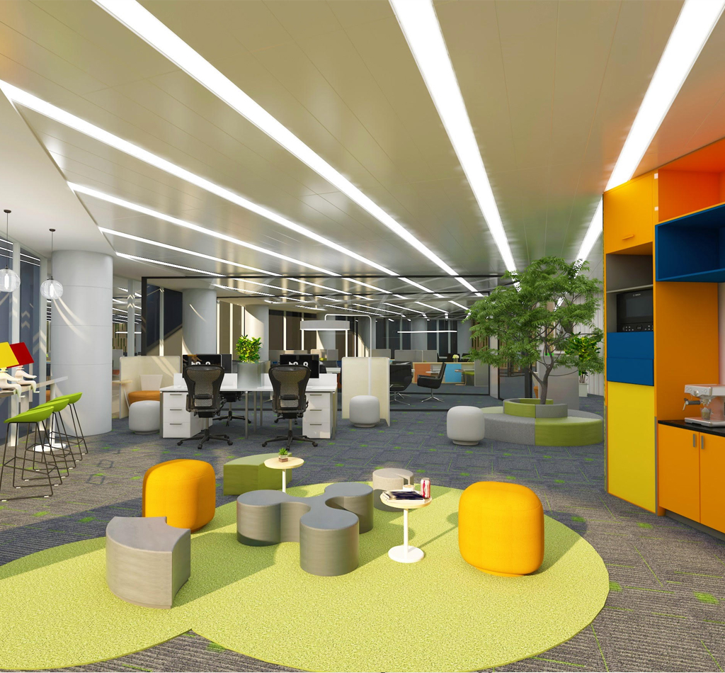 Large office design idea with an active lounge area «