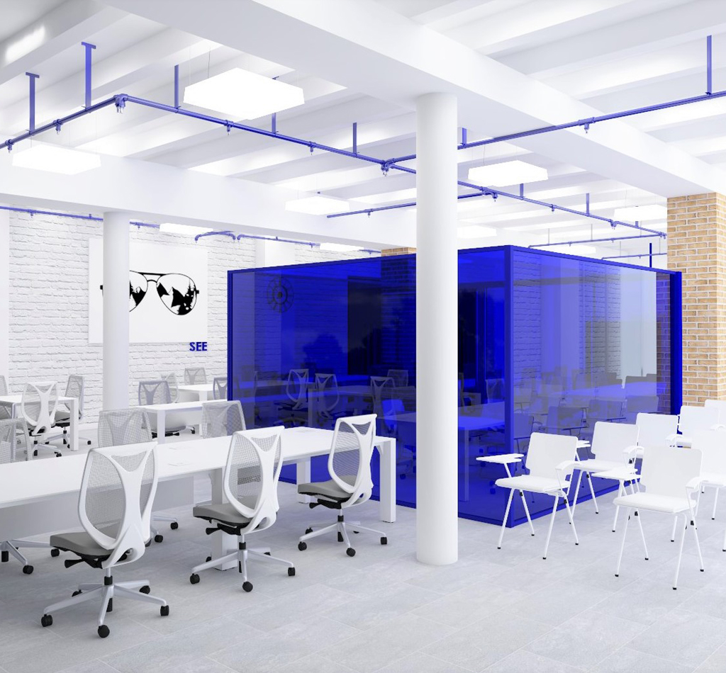 Stunning blue contemporary office design with white furniture «