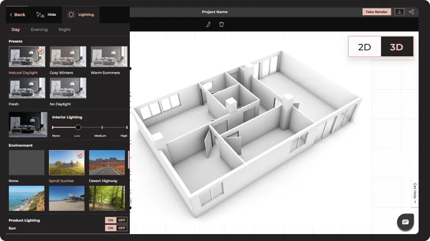Add lighting, save views, and take a preview
